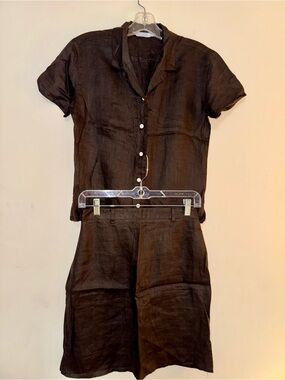 Vintage Esprit 1993 Raw Linen 2-piece Button Shirt-Skirt Set in Espresso size 4
